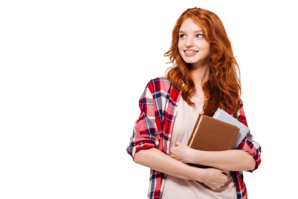pleased ginger woman shirt holding books looking away removebg preview