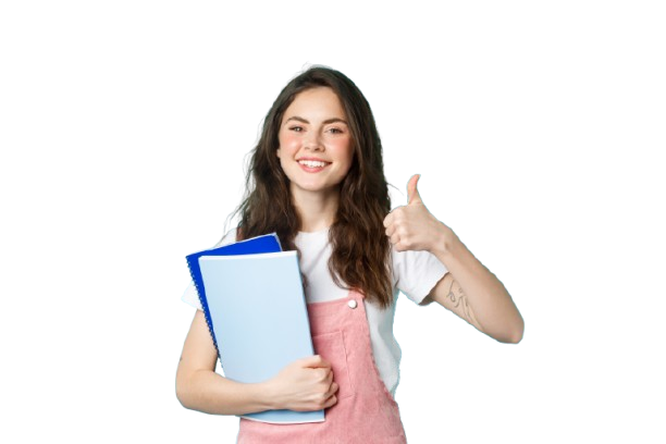 young woman attend courses girl student studying holding notebooks showing thumb up approval recommending company standing blue background removebg preview